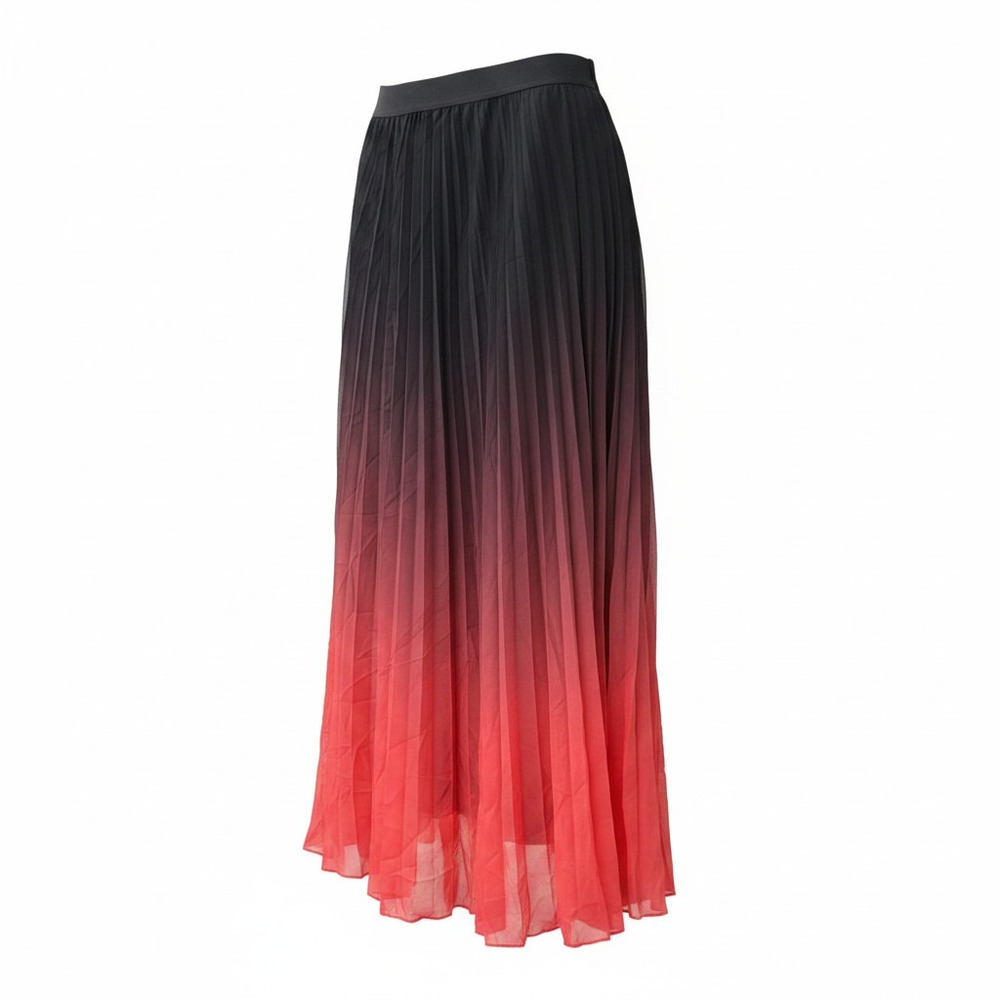 WD·NY Pleated Maxi Skirt Womens M Black Red Excellent Ombre Chiffon Accordion